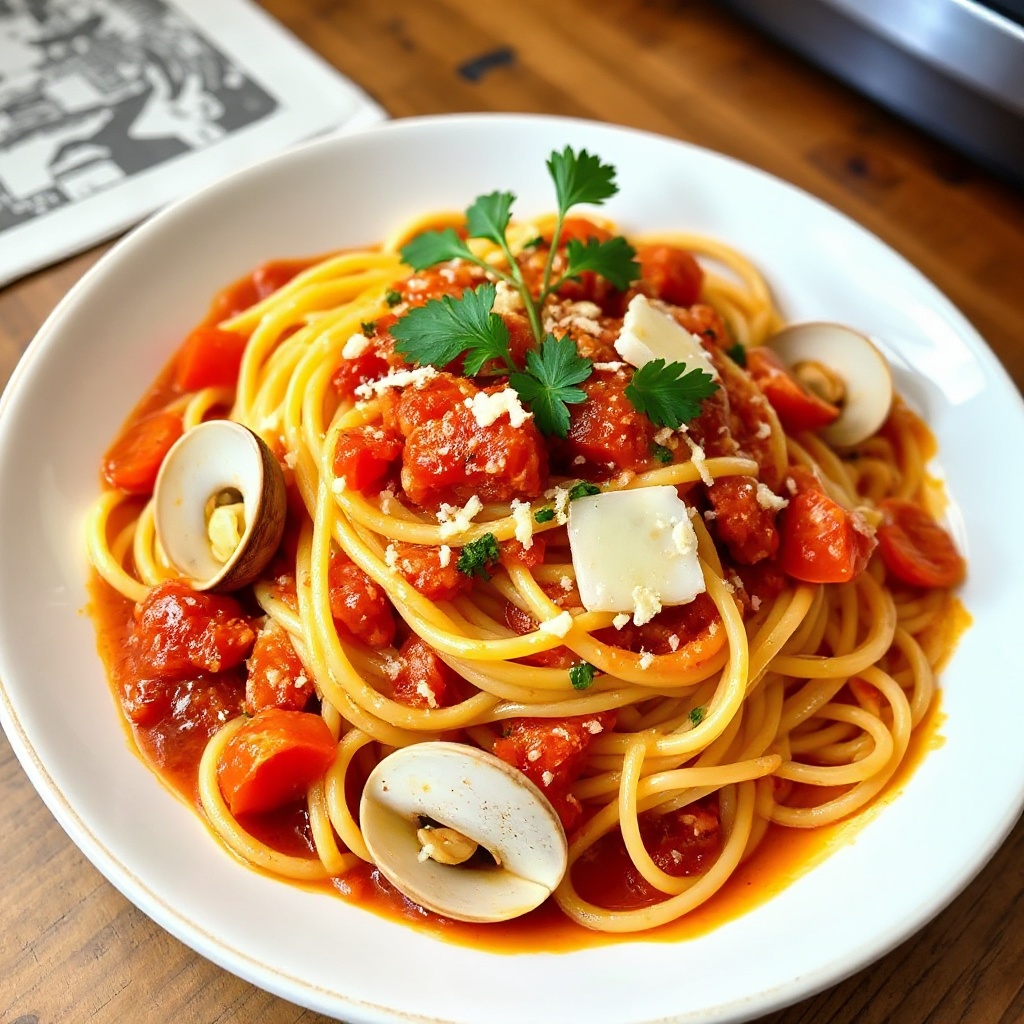 Knoblauchbutter-Linguine mit Tomaten-Muschel-Sauce