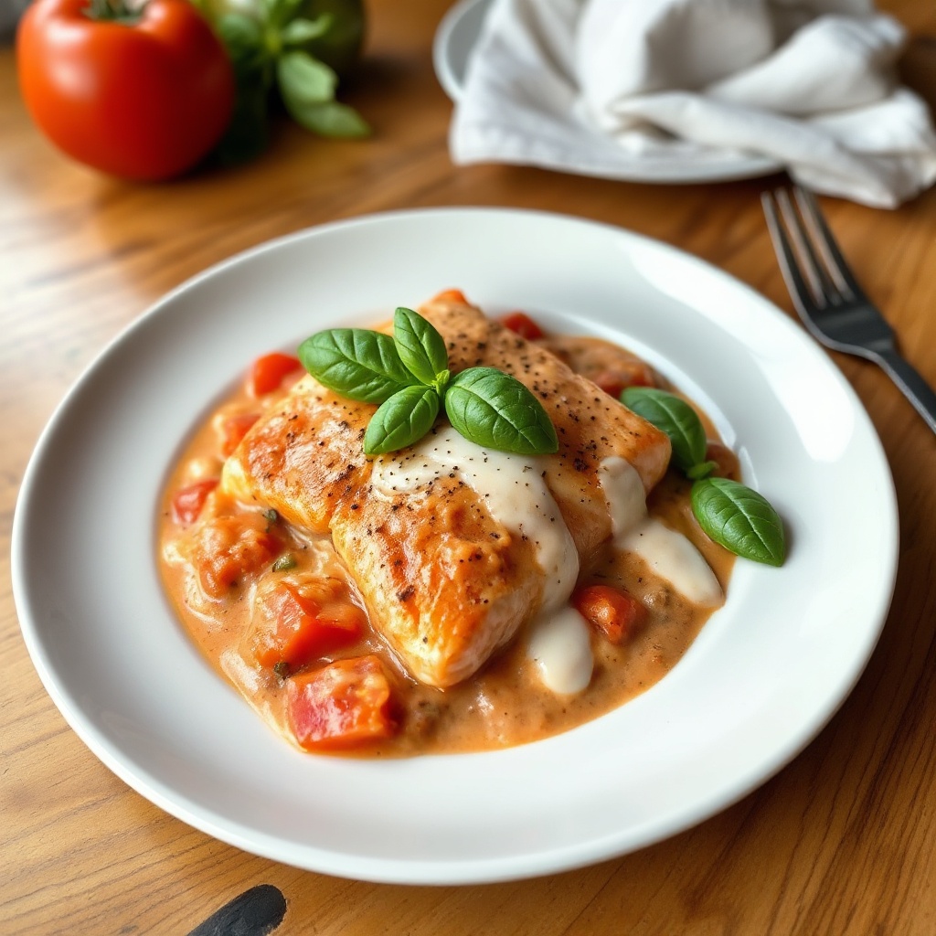Herzhafter gebackener Lachs in cremiger Tomaten-Basilikum-Sauce