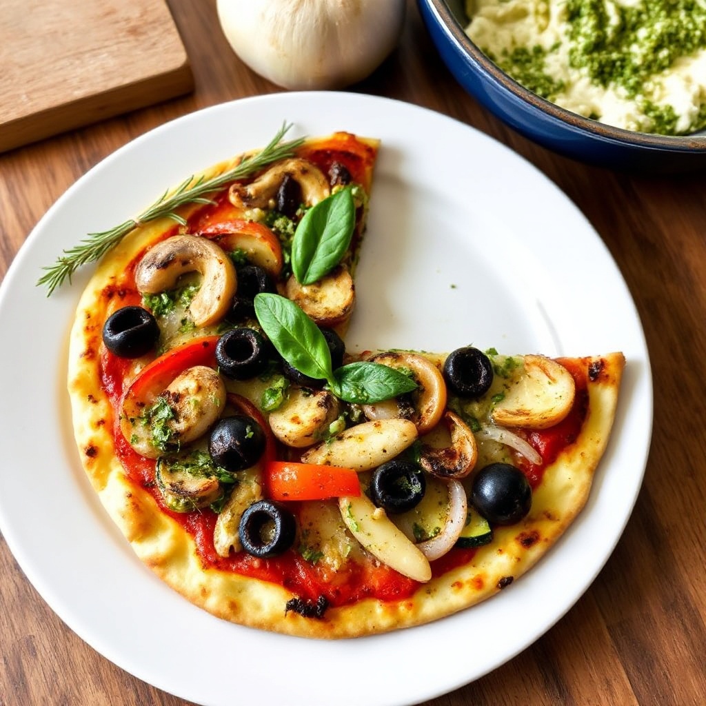 Pizza mit geröstetem Gemüse und cremigem Pesto
