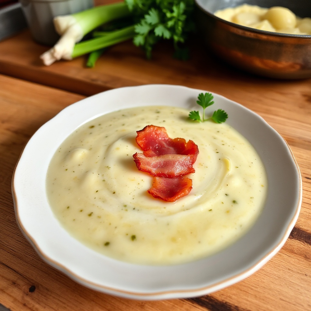 Cremige Kartoffel-Lauch-Suppe mit knusprigem Speck