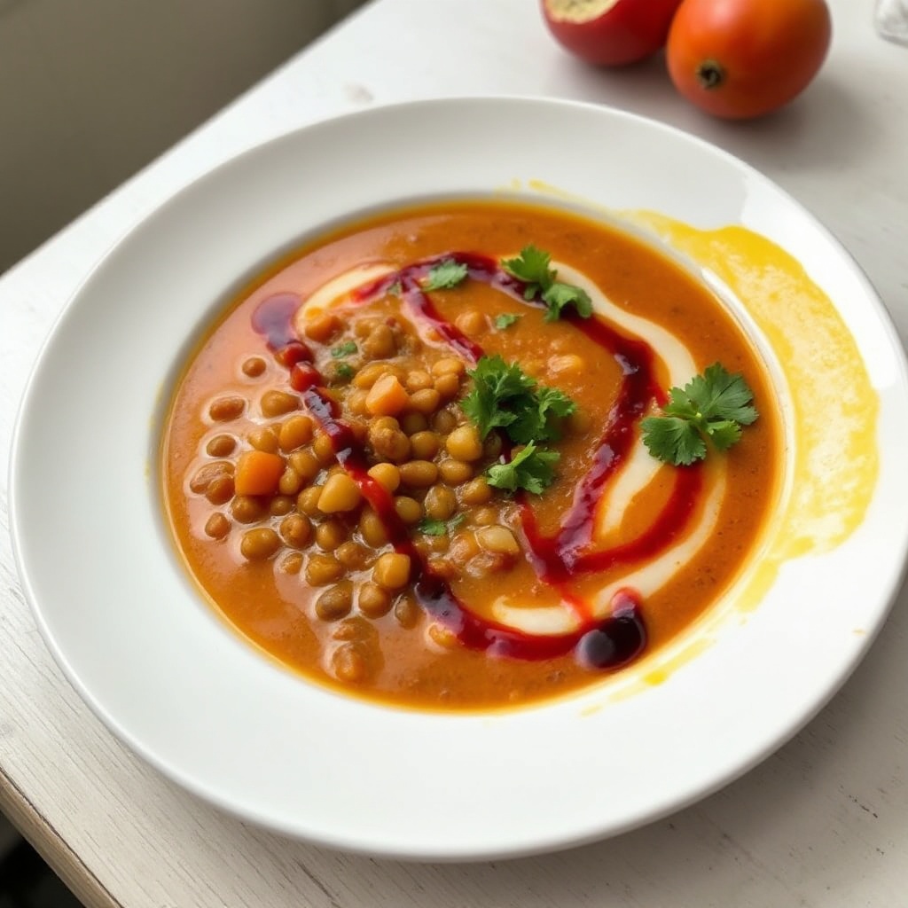 Spiced Lentil and Apricot Soup with Pomegranate Drizzle