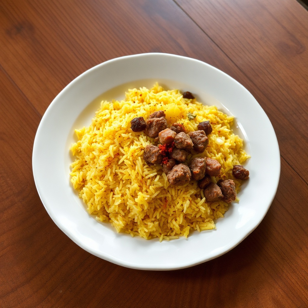 Golden Saffron Rice with Spiced Meat