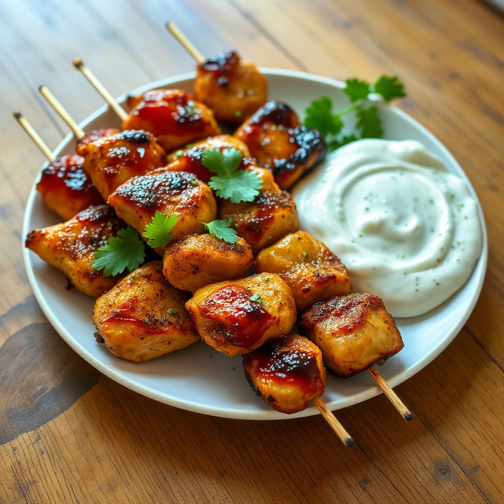 Zesty Broiled Chicken Skewers with Creamy Cilantro Dip