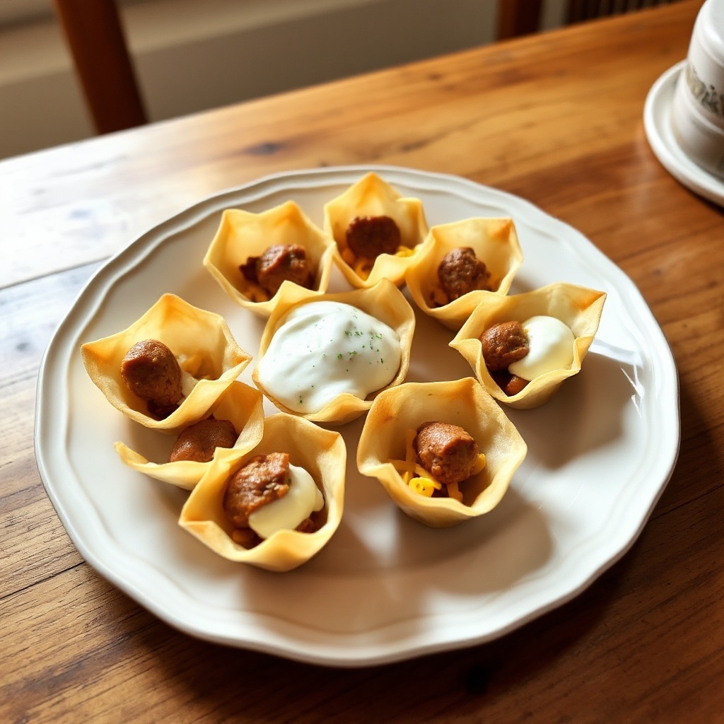 Herzhafte Wonton-Tassen mit Wurst und Käse