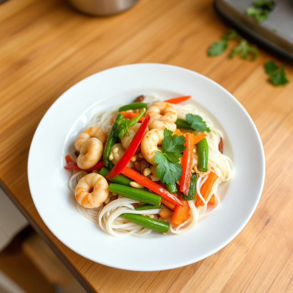 Thai-Style Shrimp Stir-Fry with Vegetables and Rice Noodles