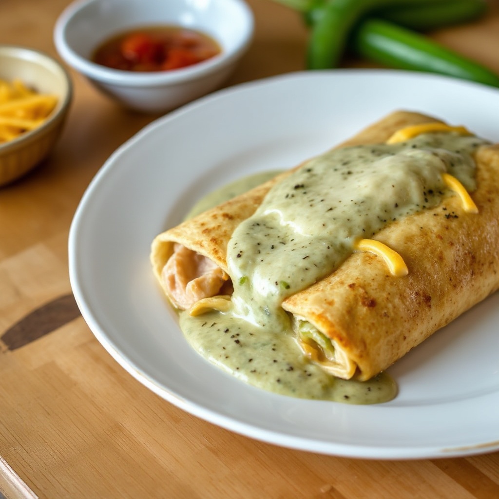Im Ofen gebackene Chicken Chimichangas mit cremiger grüner Chilisauce