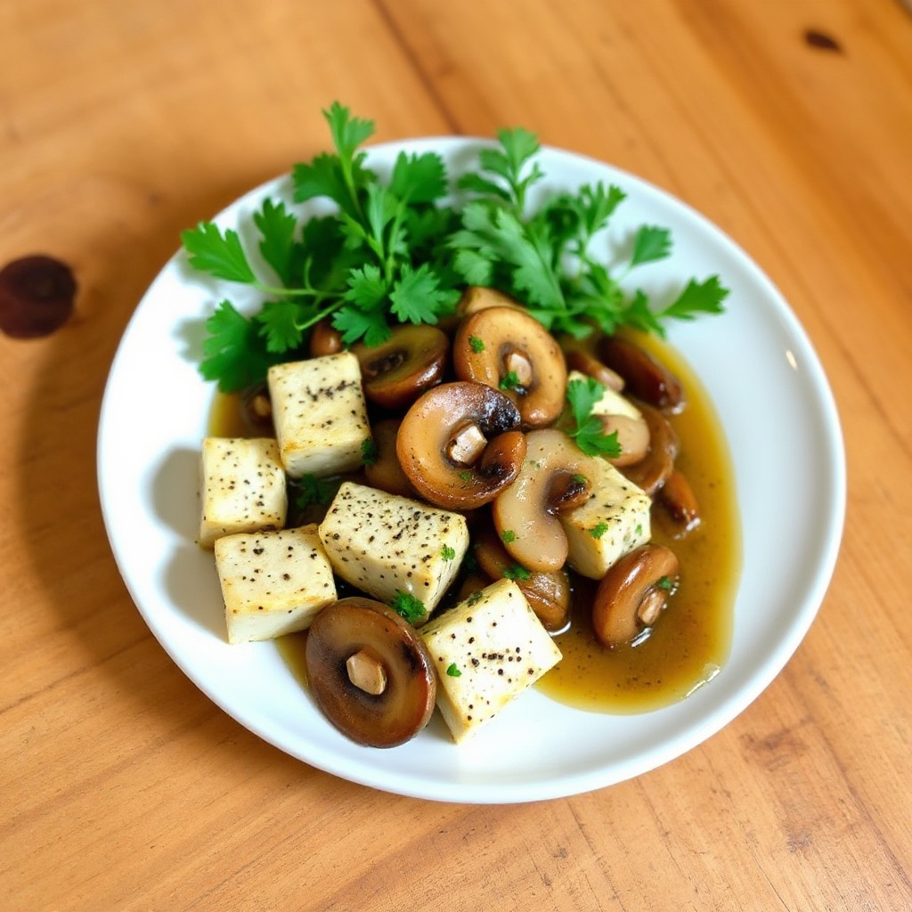 Knuspriger Kräuter-Tofu mit herzhaftem Pilzsauce