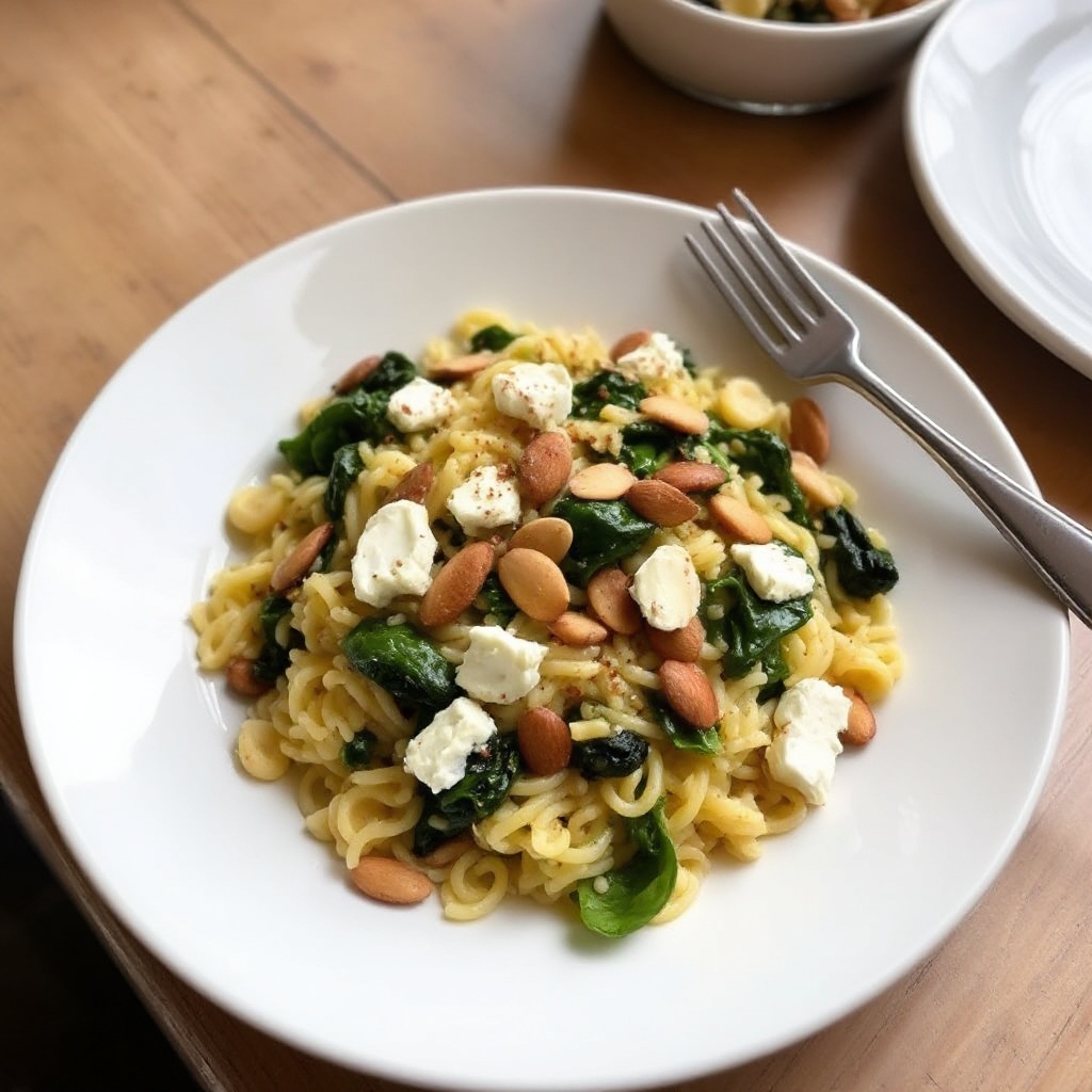 Savory Orzo with Spinach, Goat Cheese, and Toasted Almonds