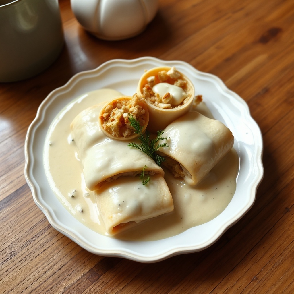 Herzhafte Hähnchen-Röllchen mit cremiger Sauce