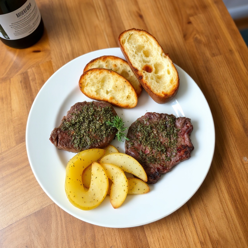 Kräuterkrustensteak mit Knoblauchtoasts und knusprigen Kartoffelspalten