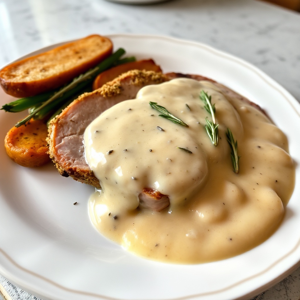 Herzhafter Schweinebraten mit Kräuterkruste und cremiger Soße