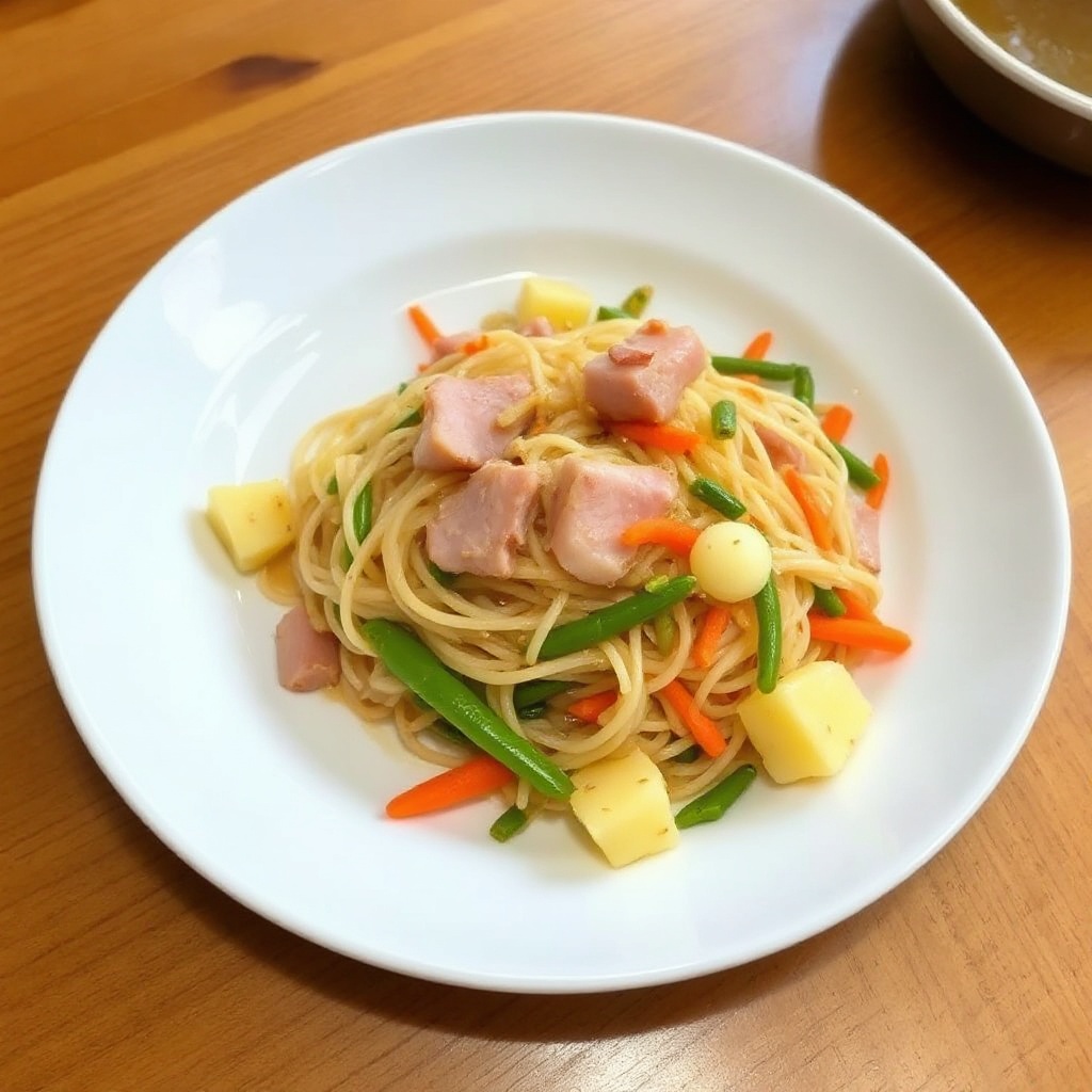 Schinken-Ananas-Nudelsalat mit Ingwer-Soja-Dressing
