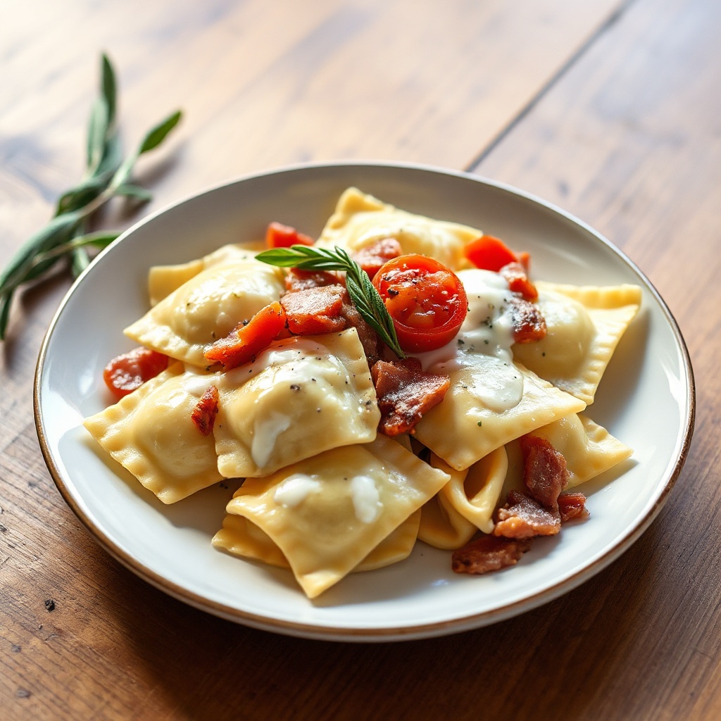 Cremige Ravioli mit knusprigem Pancetta und frischen Kräutern