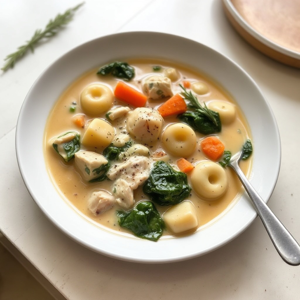 Zuppa Cremosa di Gnocchi con Pollo e Spinaci