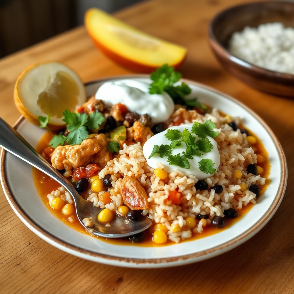 Gewürzte Hühner- und Reissuppe mit cremigem Koriander-Topping