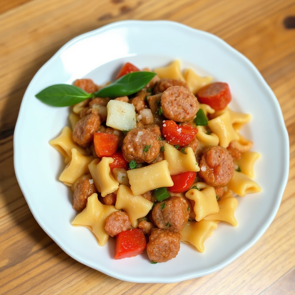 Herzhafter Putenwurst-Pasta-Eintopf