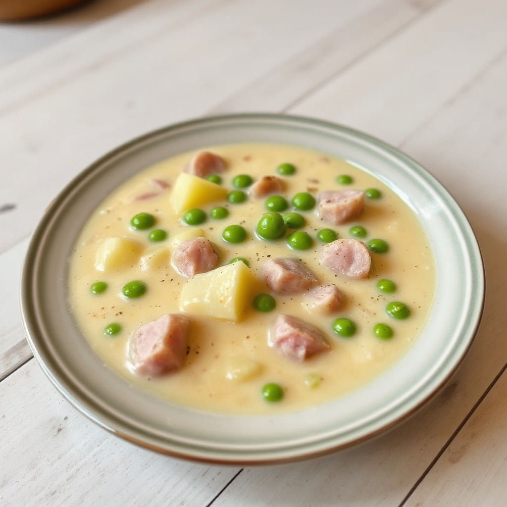 Zuppa di Patate Cremosa con Prosciutto e Piselli