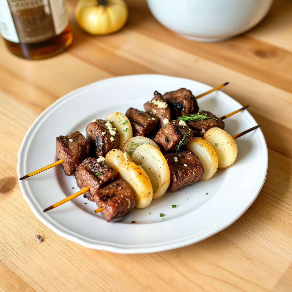 Herzhafte Gegrillte Rindfleisch- und Zwiebelspieße