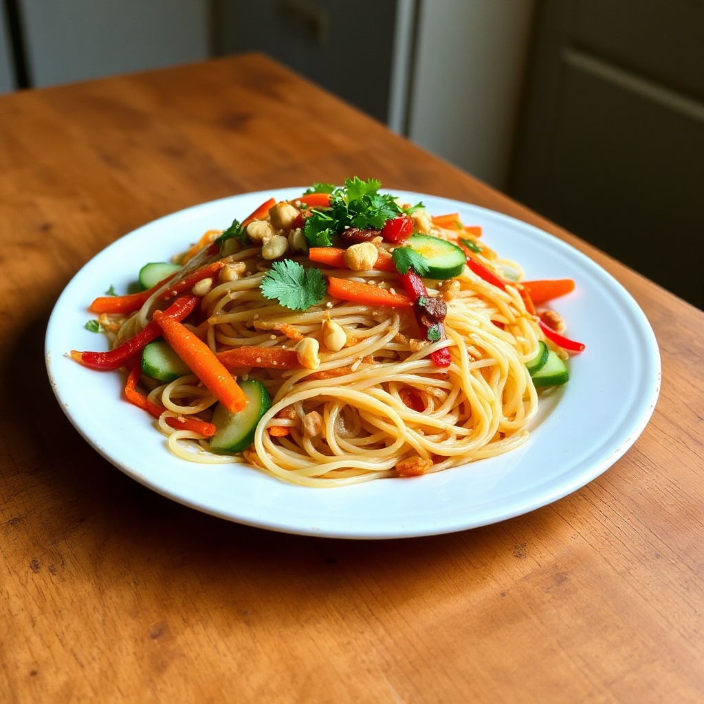 Asiatisch inspirierter Nudelsalat mit würzigem Erdnussdressing