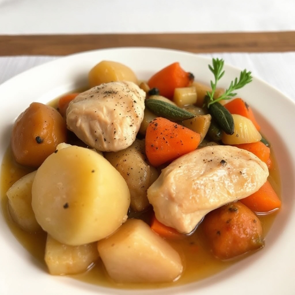 Langsame Kochplatte herzhaftes Hähnchen und Gemüse-Medley