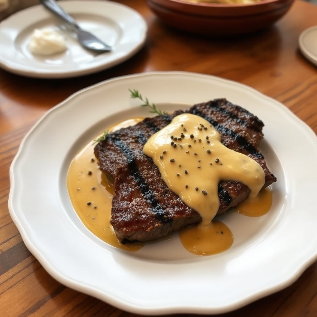 Grilled Peppercorn Steak with Creamy Mustard Sauce