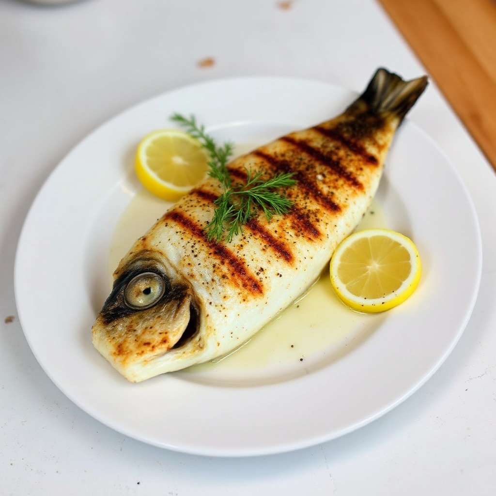 Gewürzter Gegrillter Seebarsch mit Zitrone und Dill