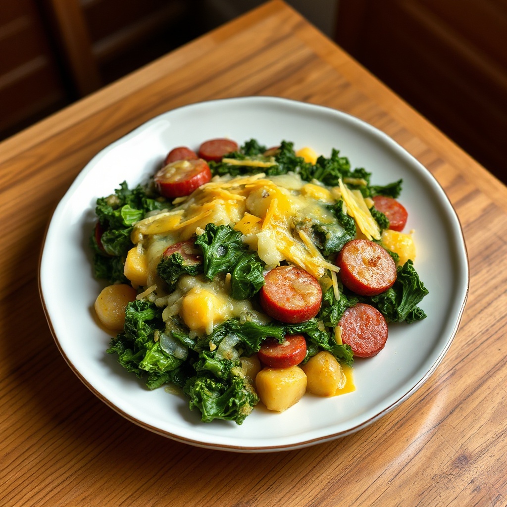 Käse Kartoffel- und Grünkohlauflauf mit Wurst