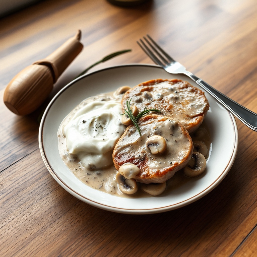 Whiskey-infundierte Schweinekoteletts mit cremiger Pilzsauce