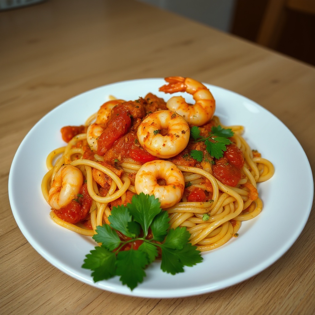 Penne Piccante con Gamberi e Salsa di Pomodoro Aromatica