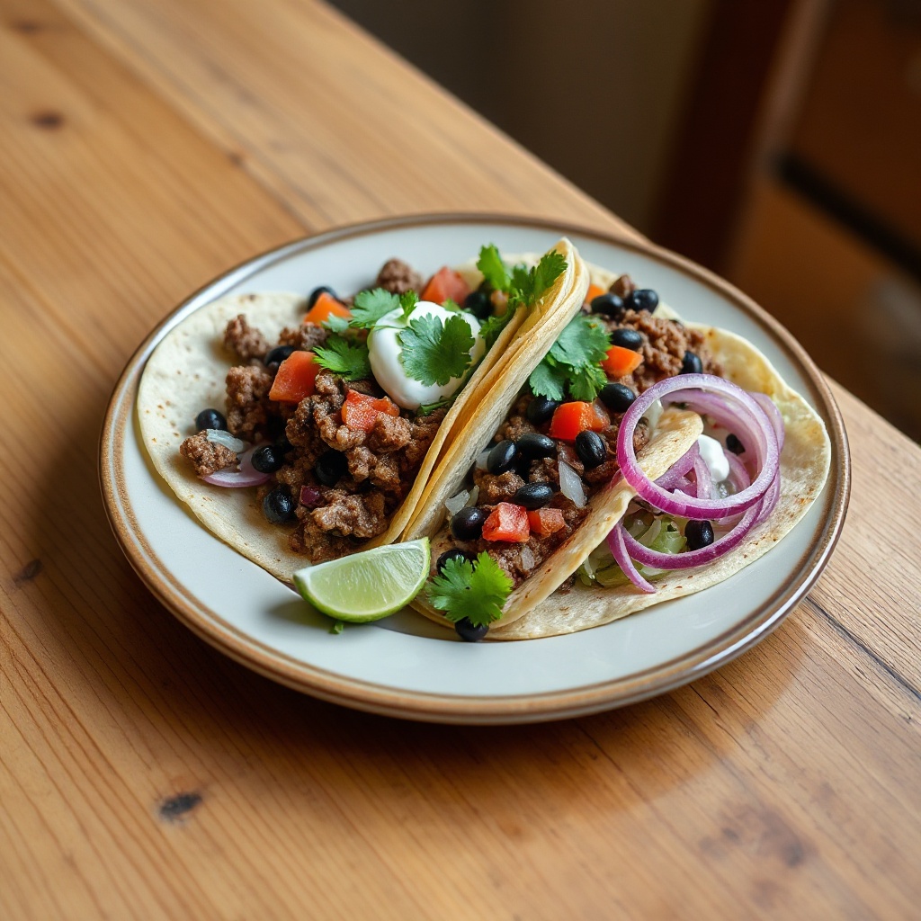 Geschmackvolle Rindfleisch- und Bohnen-Tacos mit frischen Toppings