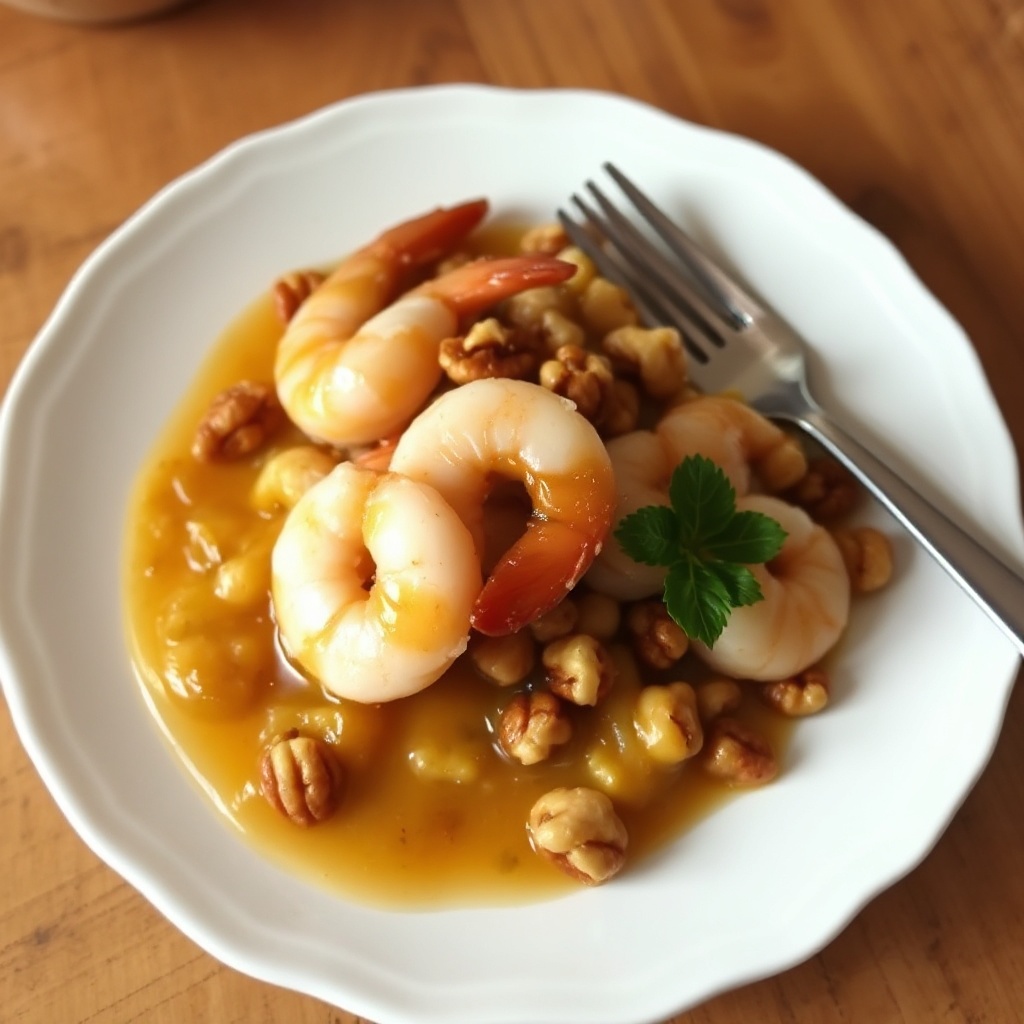 Gamberetti con Noci Caramellate al Miele e Salsa Tropicale