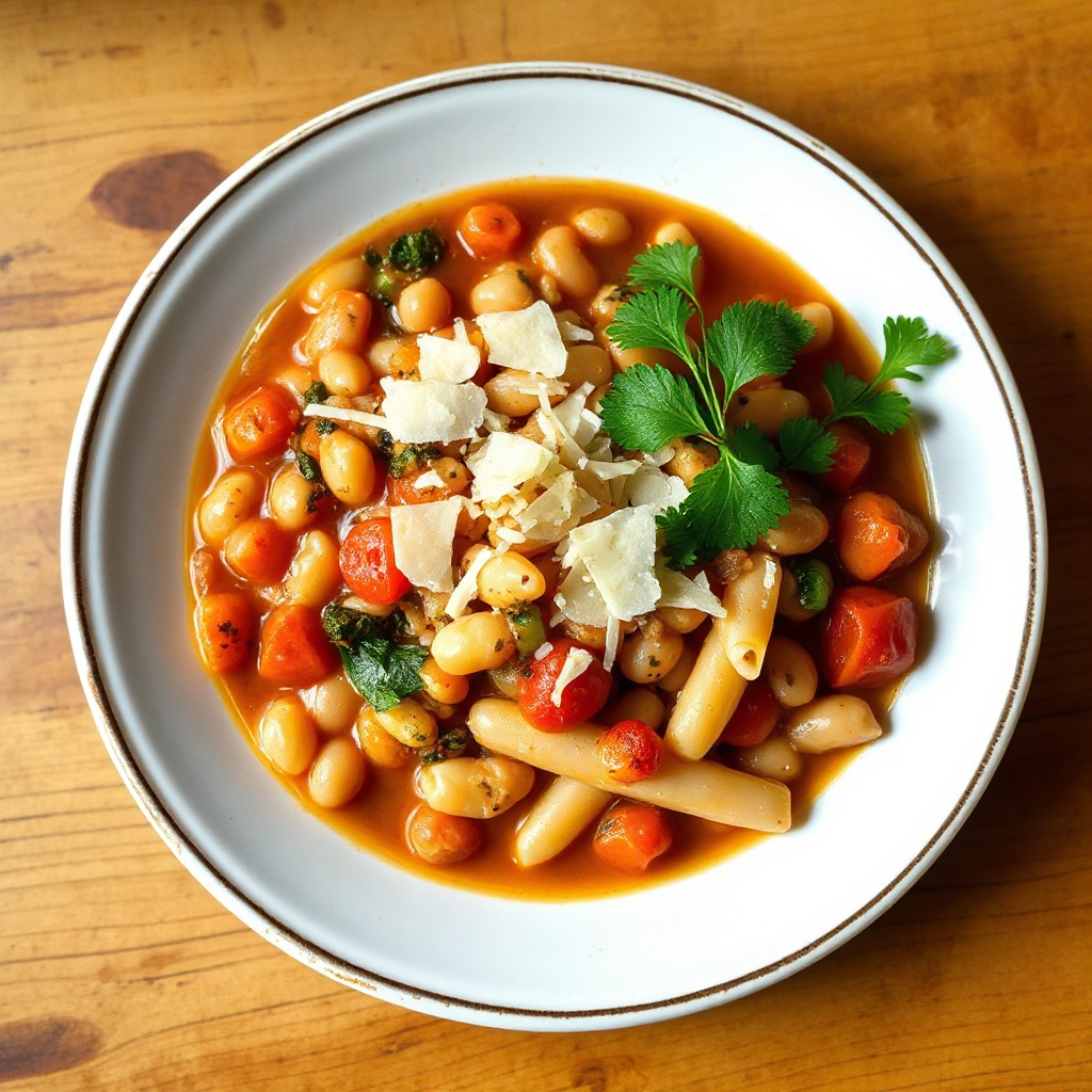 Herzhafte vegetarische Pasta- und Bohnensuppe