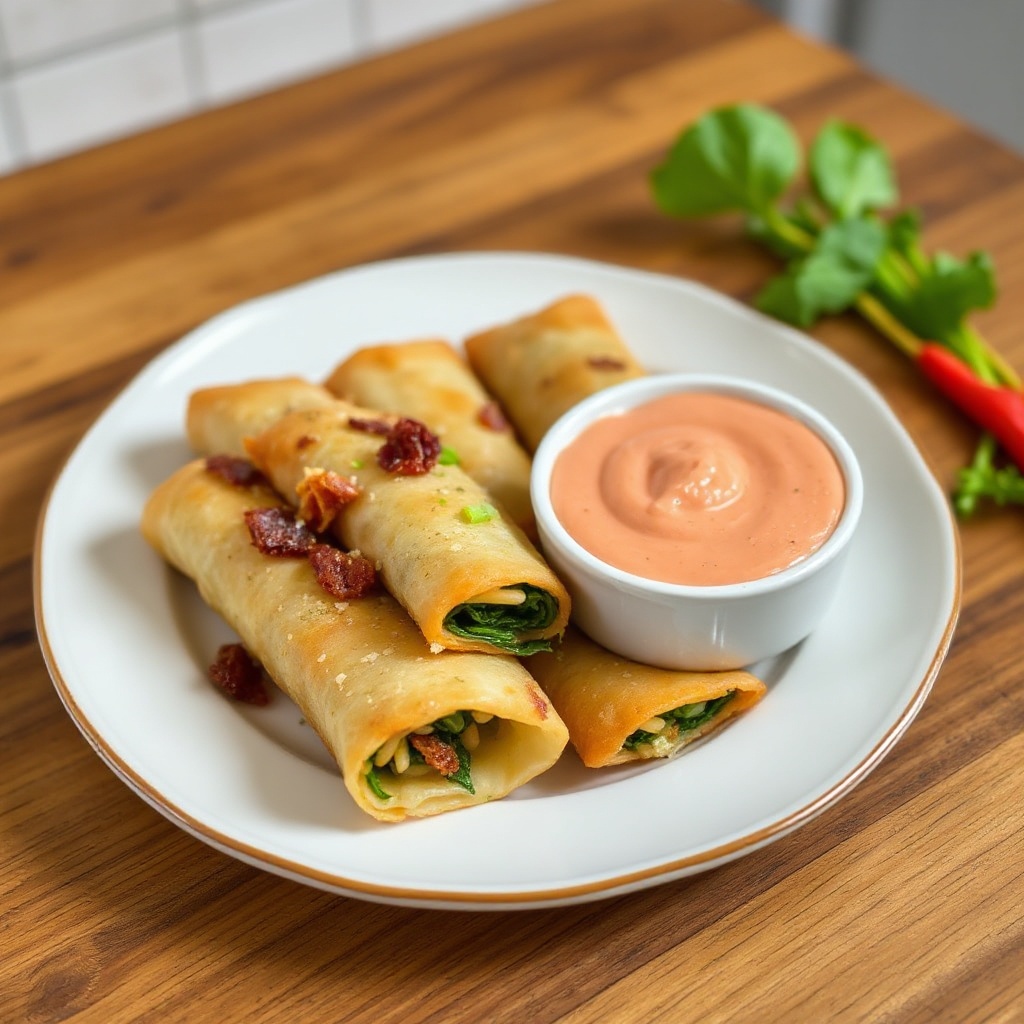 Knusprige Kartoffel- und Spinat-Eggrolls mit cremigem Tomatendip