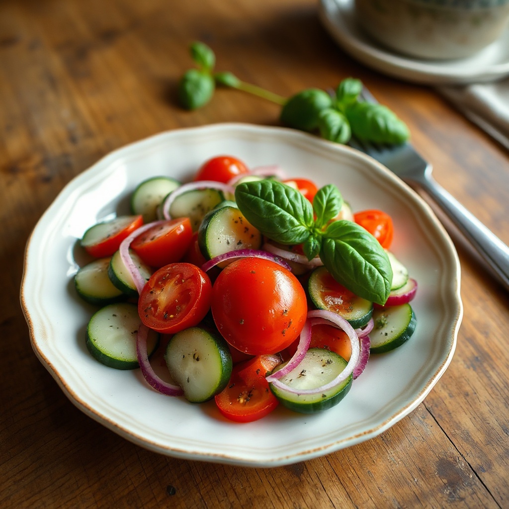 Frischer Kräuter-Marinierter Gurken- und Tomatensalat