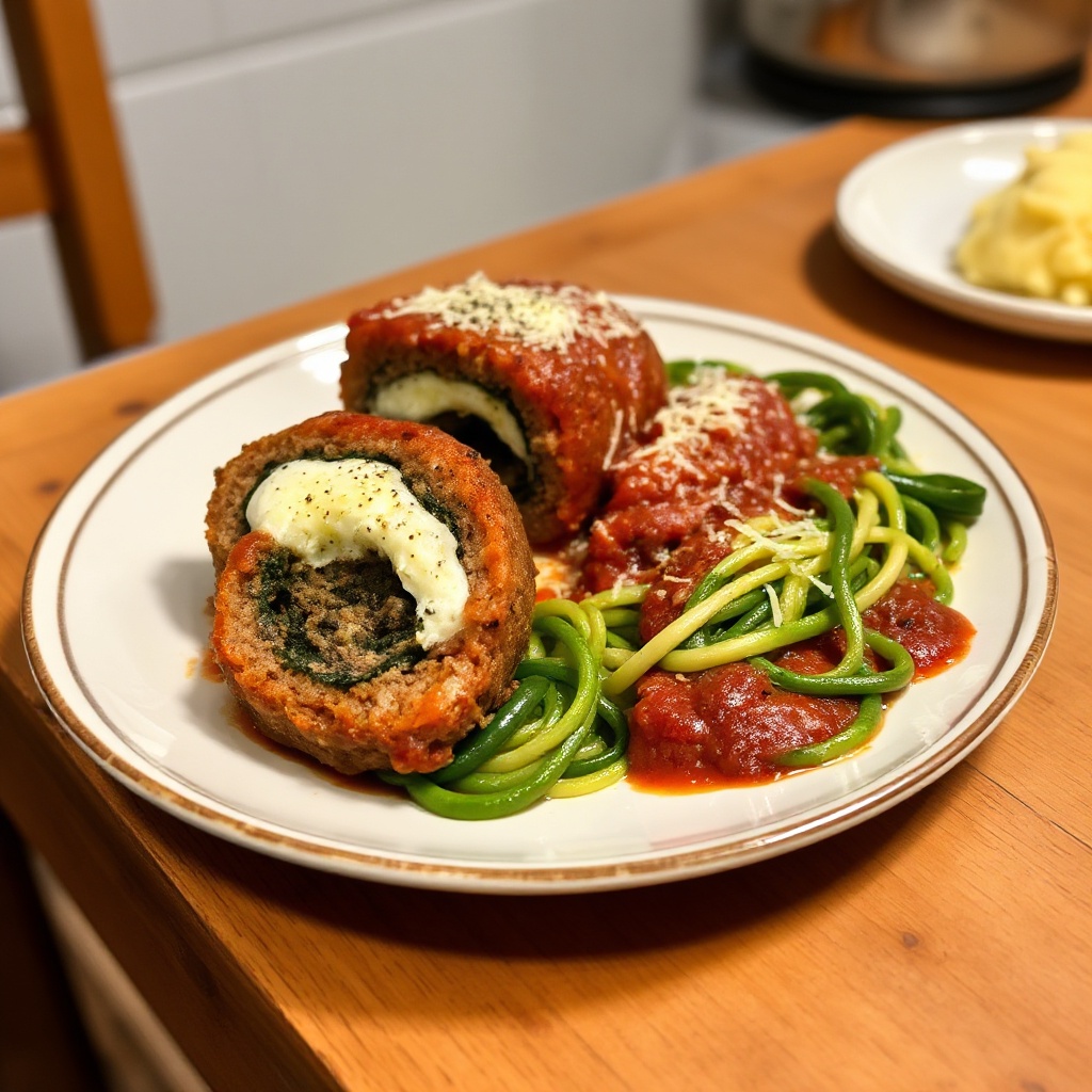 Italienisch gefüllte Hackbraten mit Spinat-Fettuccine