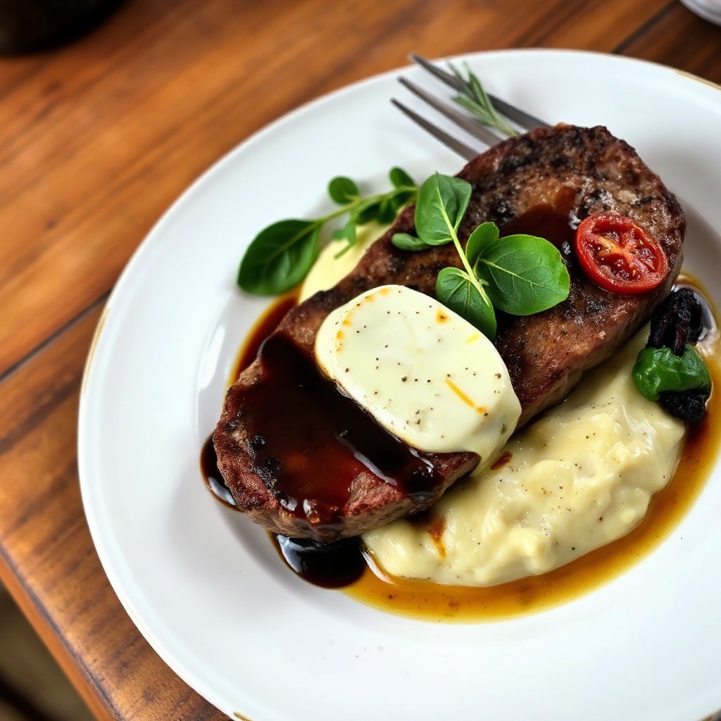 Garlic-Stuffed Steak with Creamy Mash and Balsamic Glaze