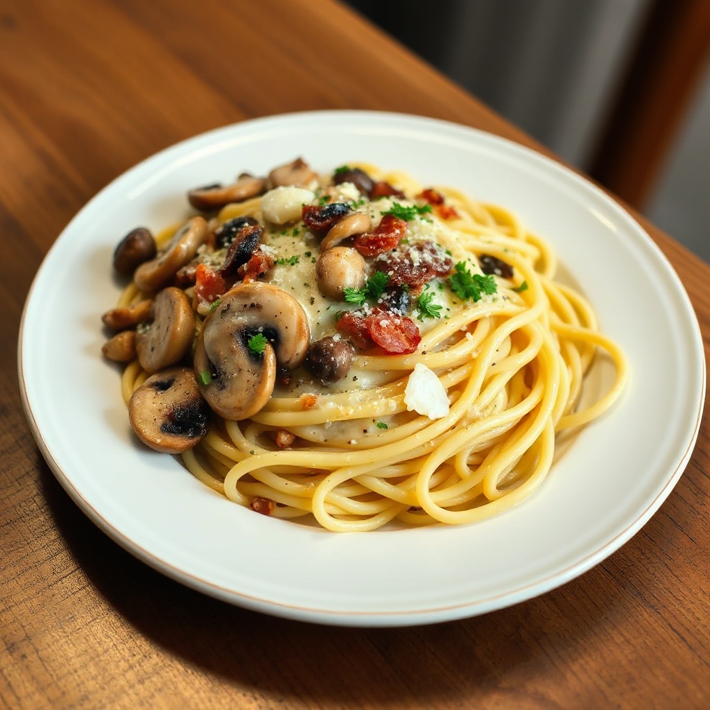 Cremige Pilz- und Speck-Fettuccine