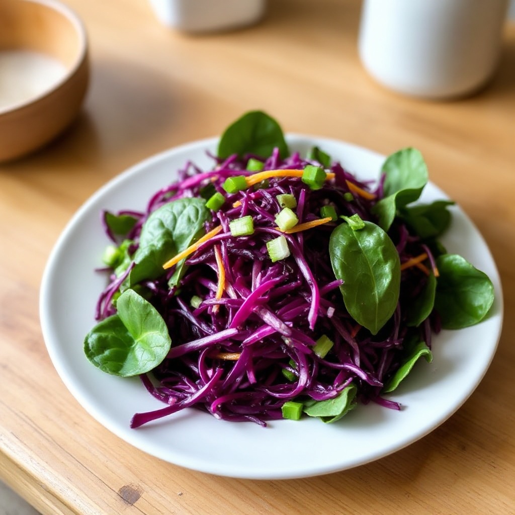 Lebendiger Spinat- und lila Krautsalat mit Zitrus-Dressing
