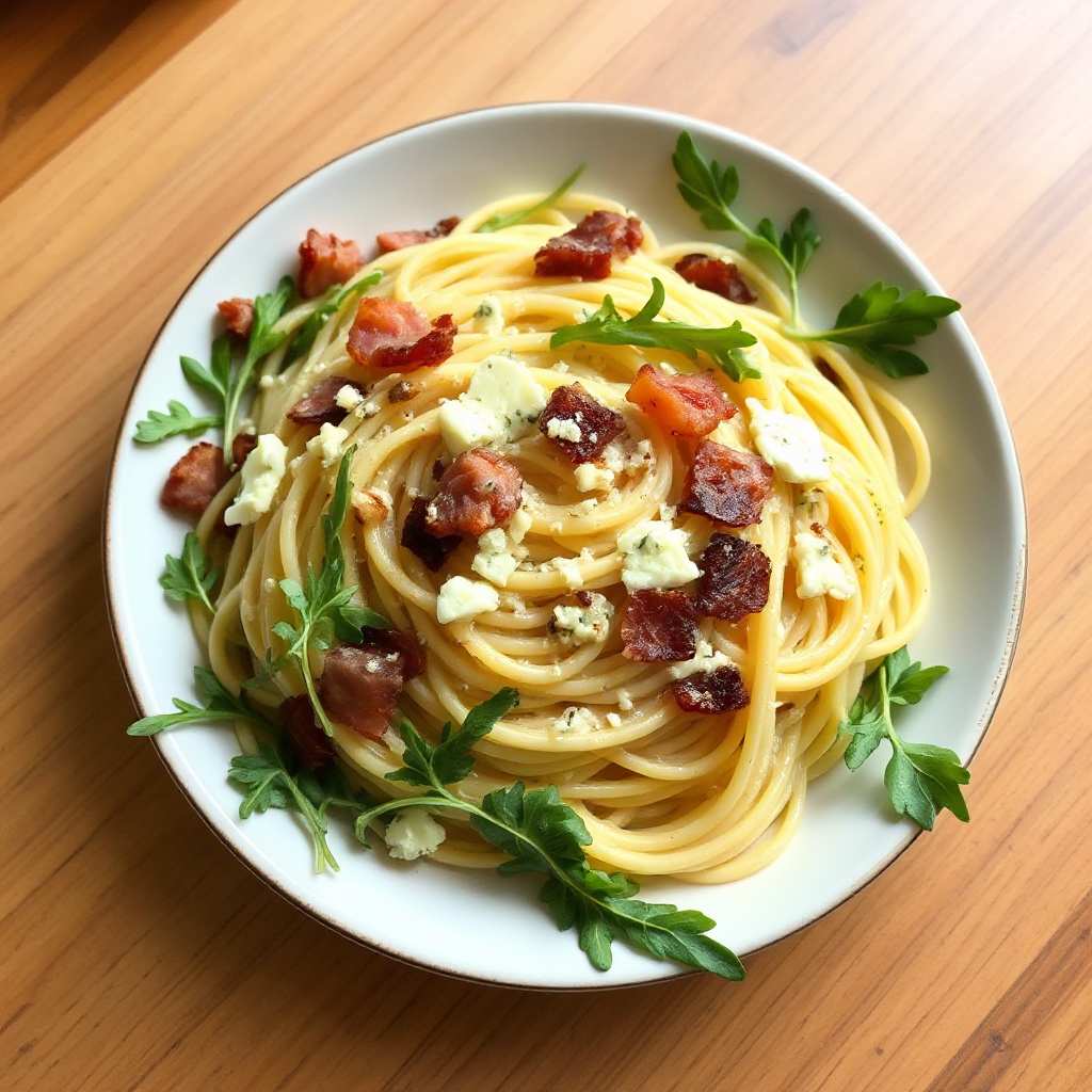Creamy Blue Cheese Pasta with Crispy Bacon and Arugula
