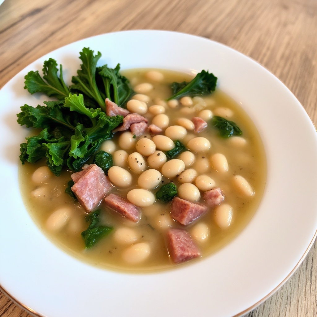 Zuppa Sostanziosa di Fagioli Bianchi e Cavolo Riccio con Prosciutto Affumicato