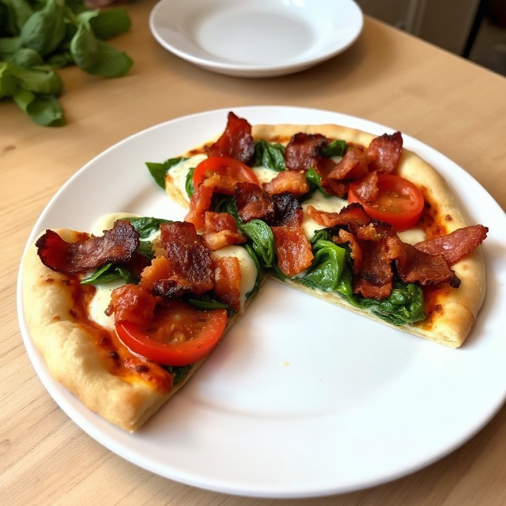 Spinat-, Tomaten- und knusprige Speckpizza