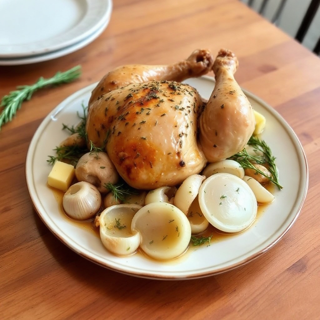 Kräuter-infused Brathähnchen mit Knoblauch- und Zwiebelmedley