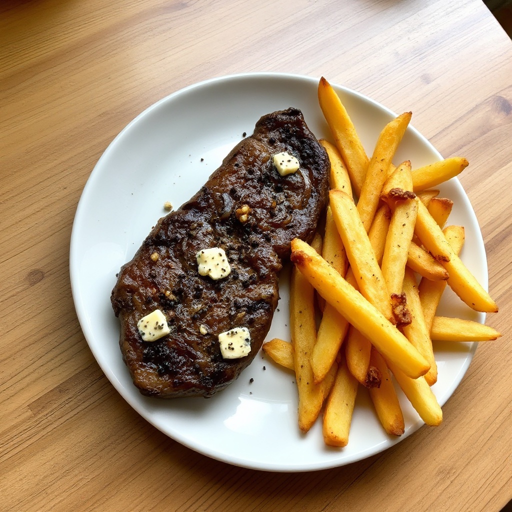 Bistecche al Formaggio Blu Pepato con Cipolle Caramellate e Patatine Croccanti