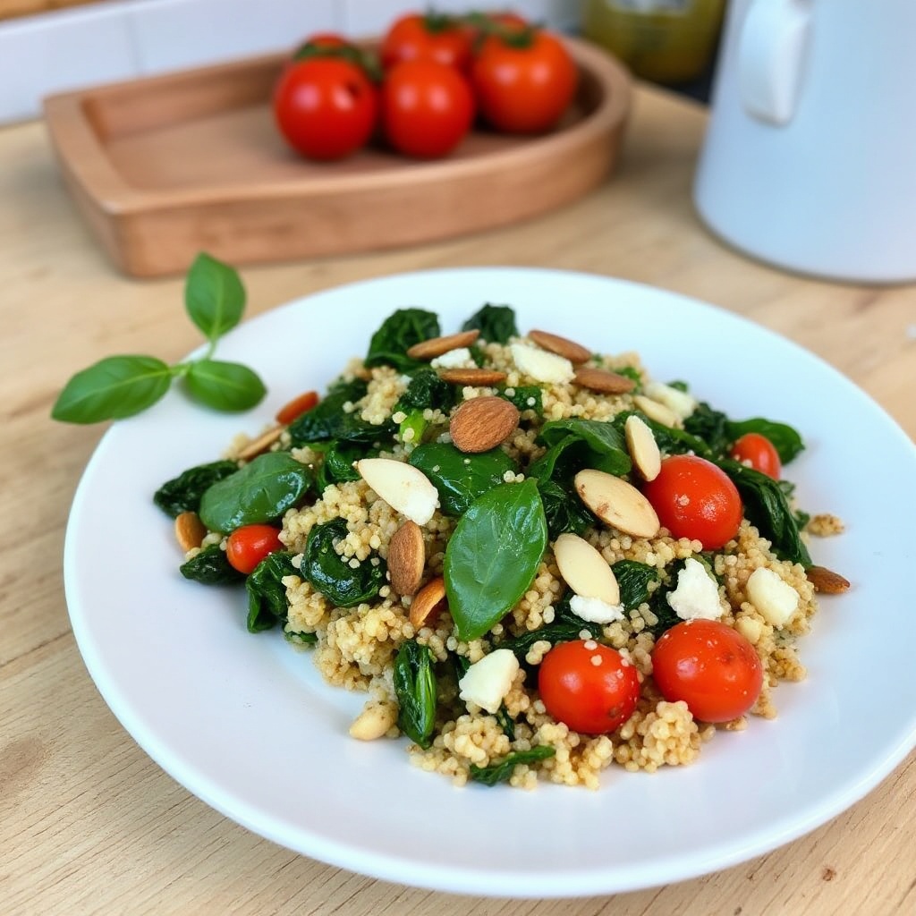 Quinoa und Spinat Pfanne mit gerösteten Mandeln