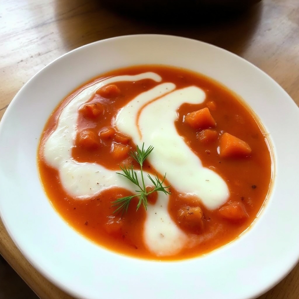 Zuppa Ricca di Pomodoro e Finocchio con Finitura Cremosa di Aneto