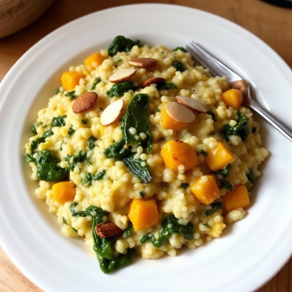 Risotto Cremoso di Zucca Butternut con Spinaci e Mandorle Tostate