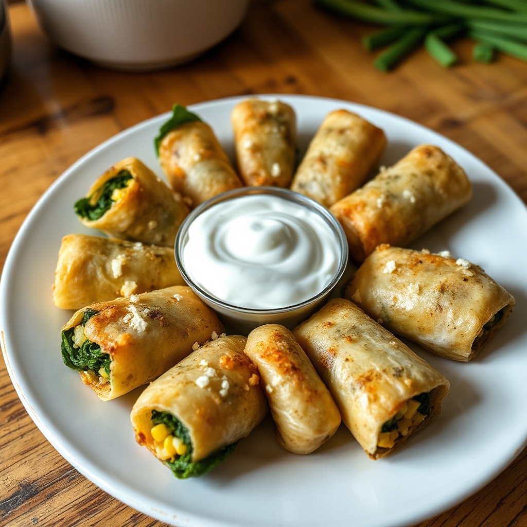Knusprige Spinat- und Kartoffelrollen mit würzigem Joghurt-Dip