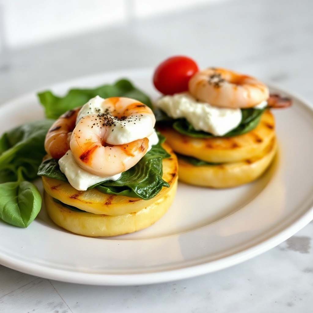 Gegrillte Kartoffel- und Garnelenstapel mit Spinatcreme