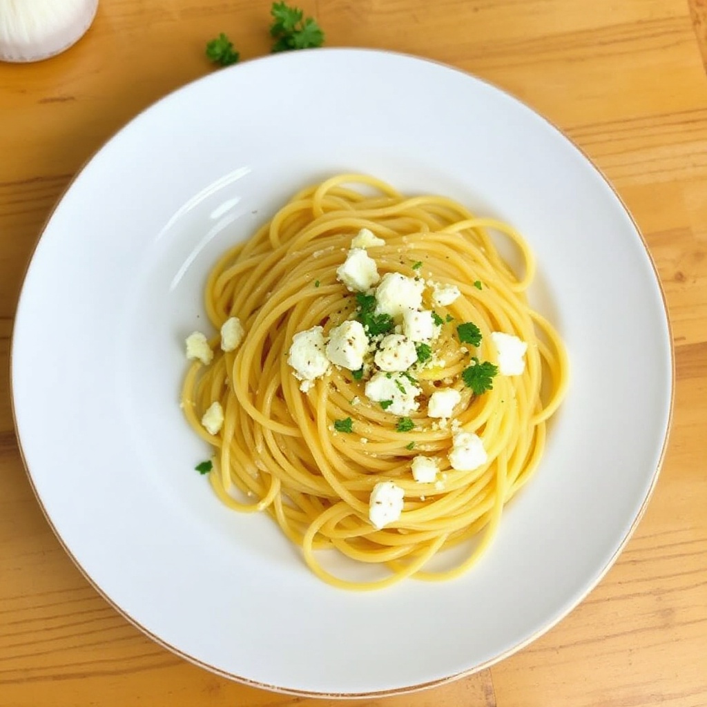 Garlic Butter Spaghetti with Feta and Herbs