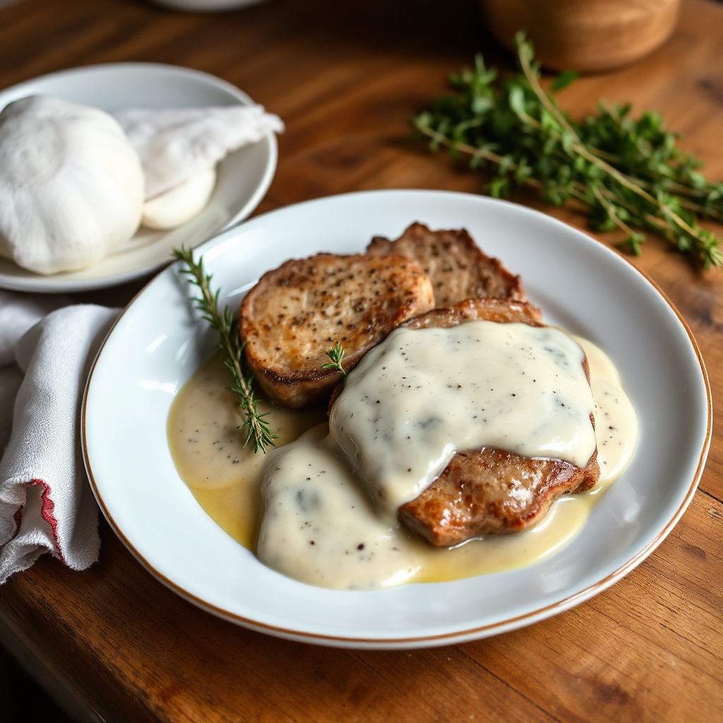 Kräuter-infused Schweineblattsteaks mit cremiger Soße